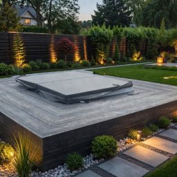 Dach i Dech Zapiera Norbert Staszewski - Nowoczesny taras kompozytowy z jacuzzi pod pokrowcem, oświetlony ścieżką z płyt i lamp, z czarnym ogrodzeniem w tle, otoczony zielenią i elementami małej architektury.