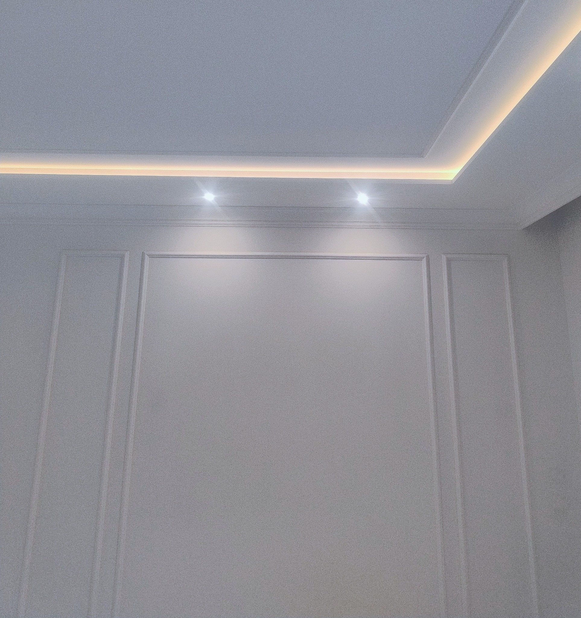 Ściana z dekoracyjnymi panelami i oświetleniem LED w suficie. Minimalistyczny design wnętrza, szara kolorystyka, nowoczesne wykończenie. Dwa punktowe światła.