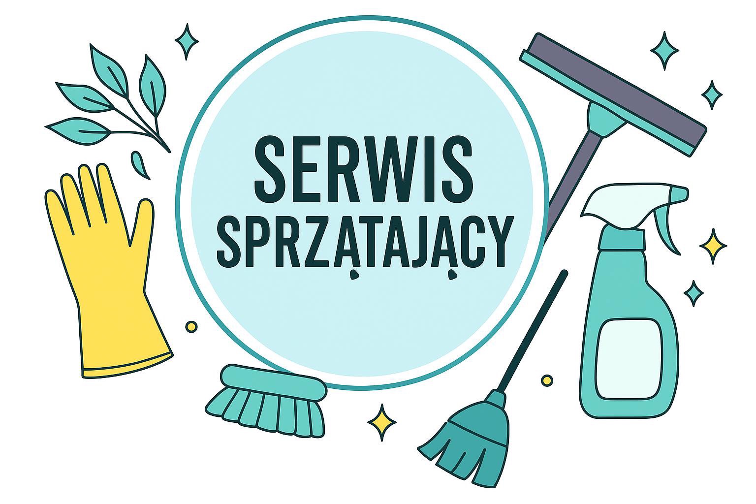 Grafika z napisem 'Serwis Sprzątający' otoczonym ikonami: rękawica, mop, szczotka, spryskiwacz i ściągaczka do szyb w odcieniach błękitu i żółci.