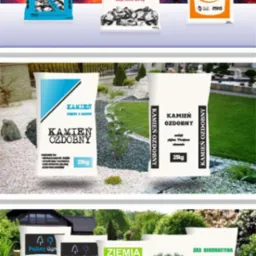 Zestawienie worków z różnymi materiałami: ekogroszek, węgiel, kamień ozdobny, ziemia do trawników i kora sosnowa, zróżnicowane grafiki i gramatury.