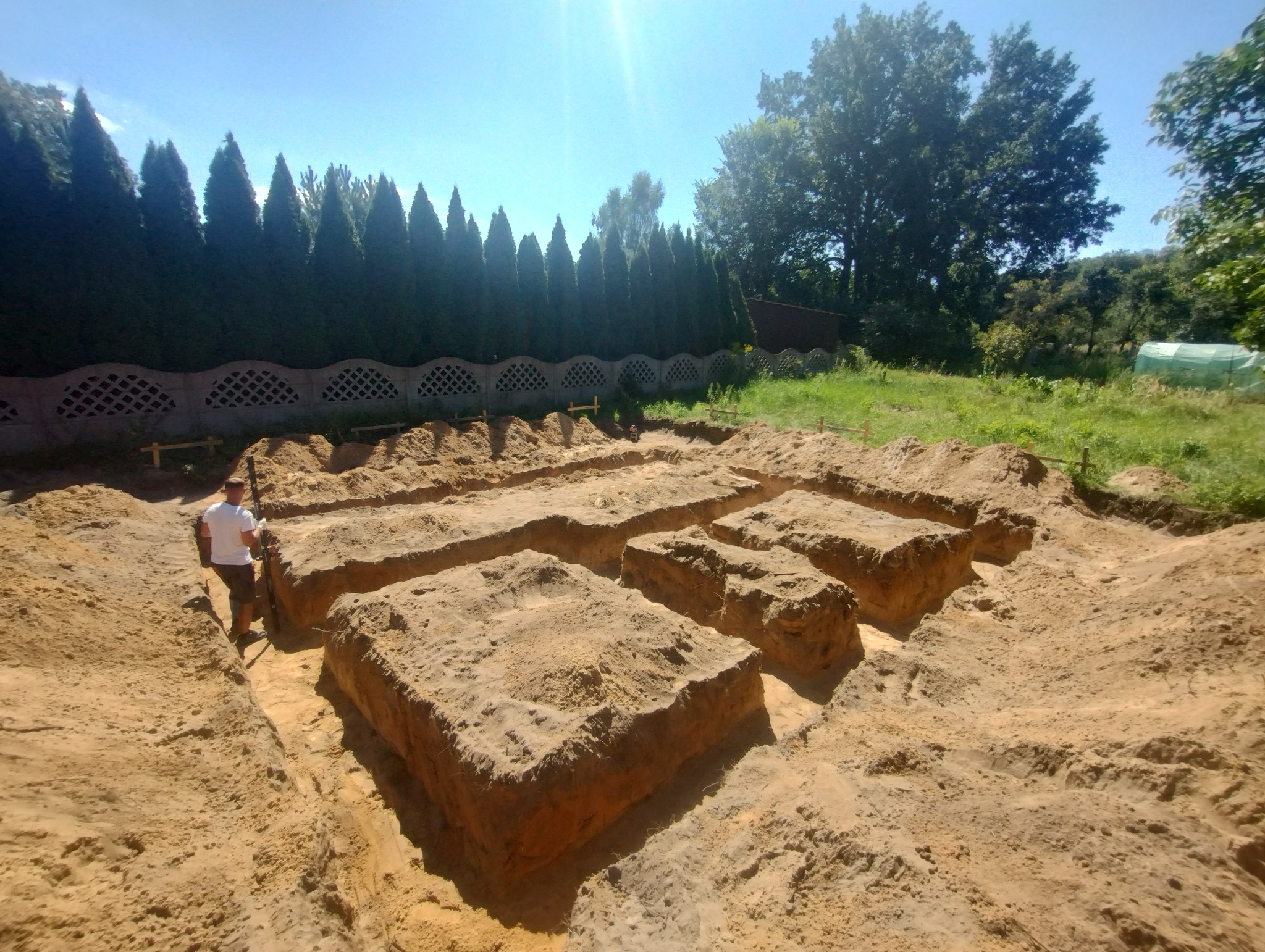 Wykopane rowy pod fundamenty na działce, widoczne deski szalunkowe, w tle rząd wysokich tuj i betonowy płot. Prace ziemne w słoneczny dzień.