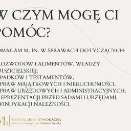 Pomagam m.in. w sprawach dotyczących:
- rozwodów i alimentów,
- spadków i testamentów,
- spraw majątkowych i nieruchomości,
- rejestracji działalności gospodarczej w Polsce,
- reprezentacji przed sądami i urzędami,
- windykacji należności.
