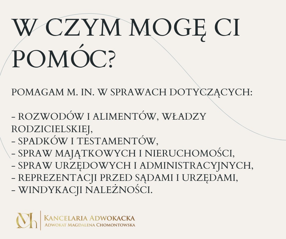 Tekst informacyjny: 'W czym mogę Ci pomóc?' z wyliczeniem spraw, którymi zajmuje się kancelaria adwokacka. W dolnej części logo kancelarii.