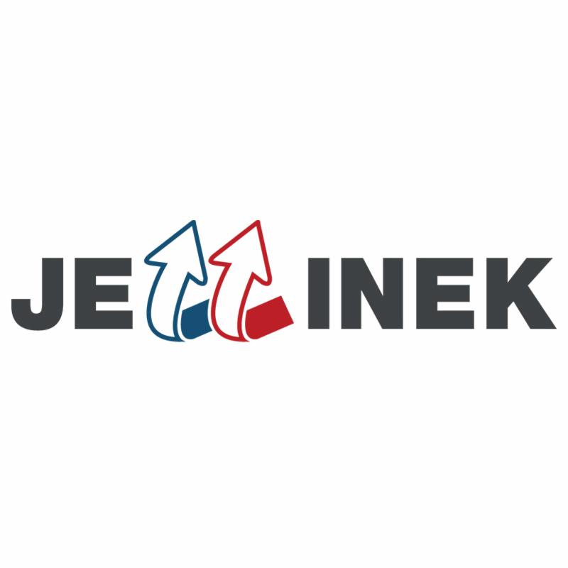 Logo firmy 'JE INEK' z dwoma strzałkami skierowanymi do góry, jedna niebieska i druga czerwona, na białym tle.