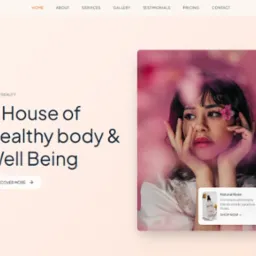 Strona internetowa o tematyce beauty z wizerunkiem kobiety z kwiatem, oferta naturalnych kosmetyków i hasłem 'A House of Healthy body & Well Being'.
