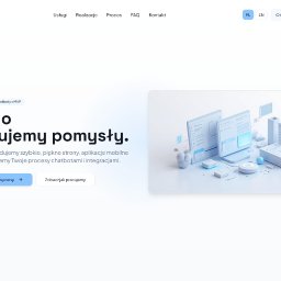 noreno - Nowoczesna strona internetowa z minimalistyczną grafiką 3D prezentującą interfejsy aplikacji i chatboty. Stonowana kolorystyka, akcent na funkcjonalność i innowacyjność.