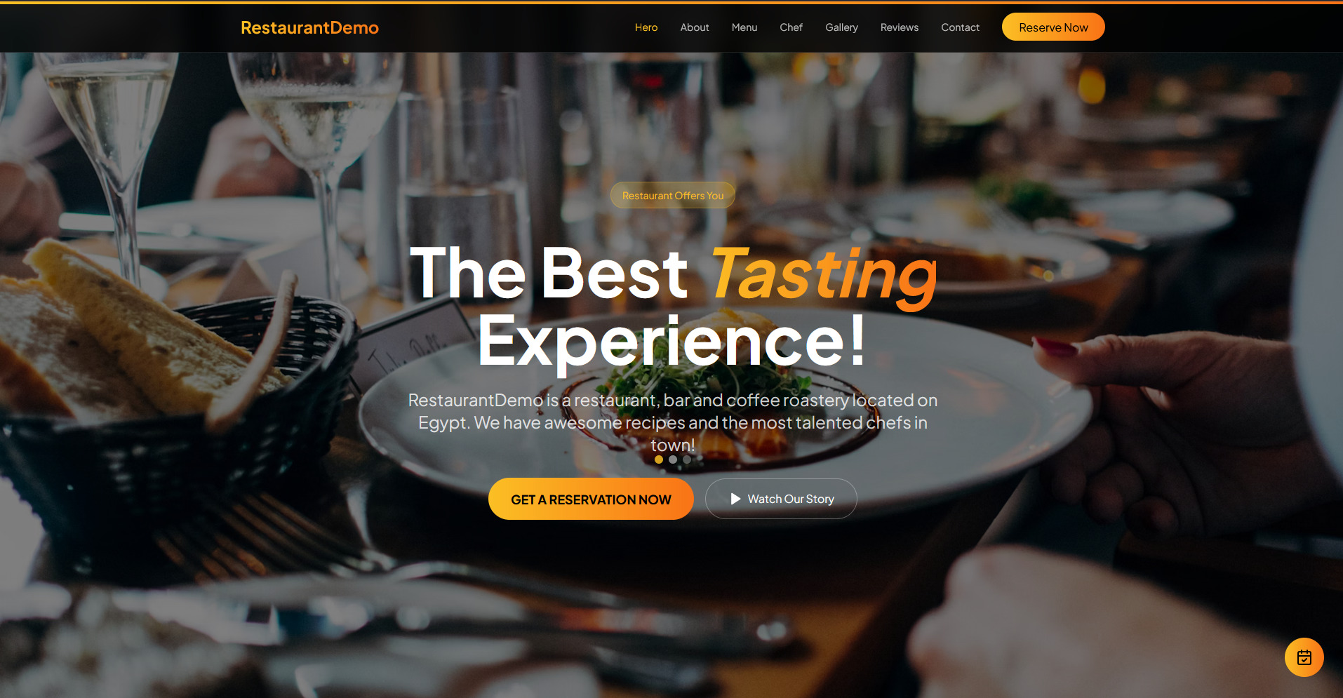 Projekt strony internetowej restauracji z hasłem 'The Best Tasting Experience!', widok na stół z jedzeniem i napojami, przyciski rezerwacji i opisu.