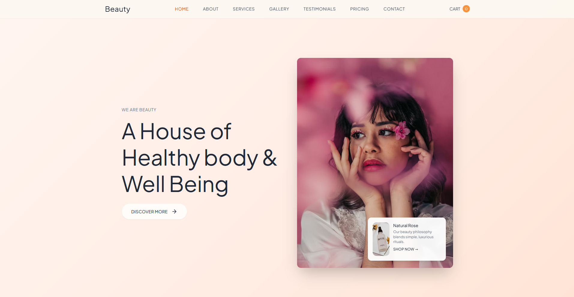 Strona internetowa o tematyce beauty z wizerunkiem kobiety z kwiatem, oferta naturalnych kosmetyków i hasłem 'A House of Healthy body & Well Being'.
