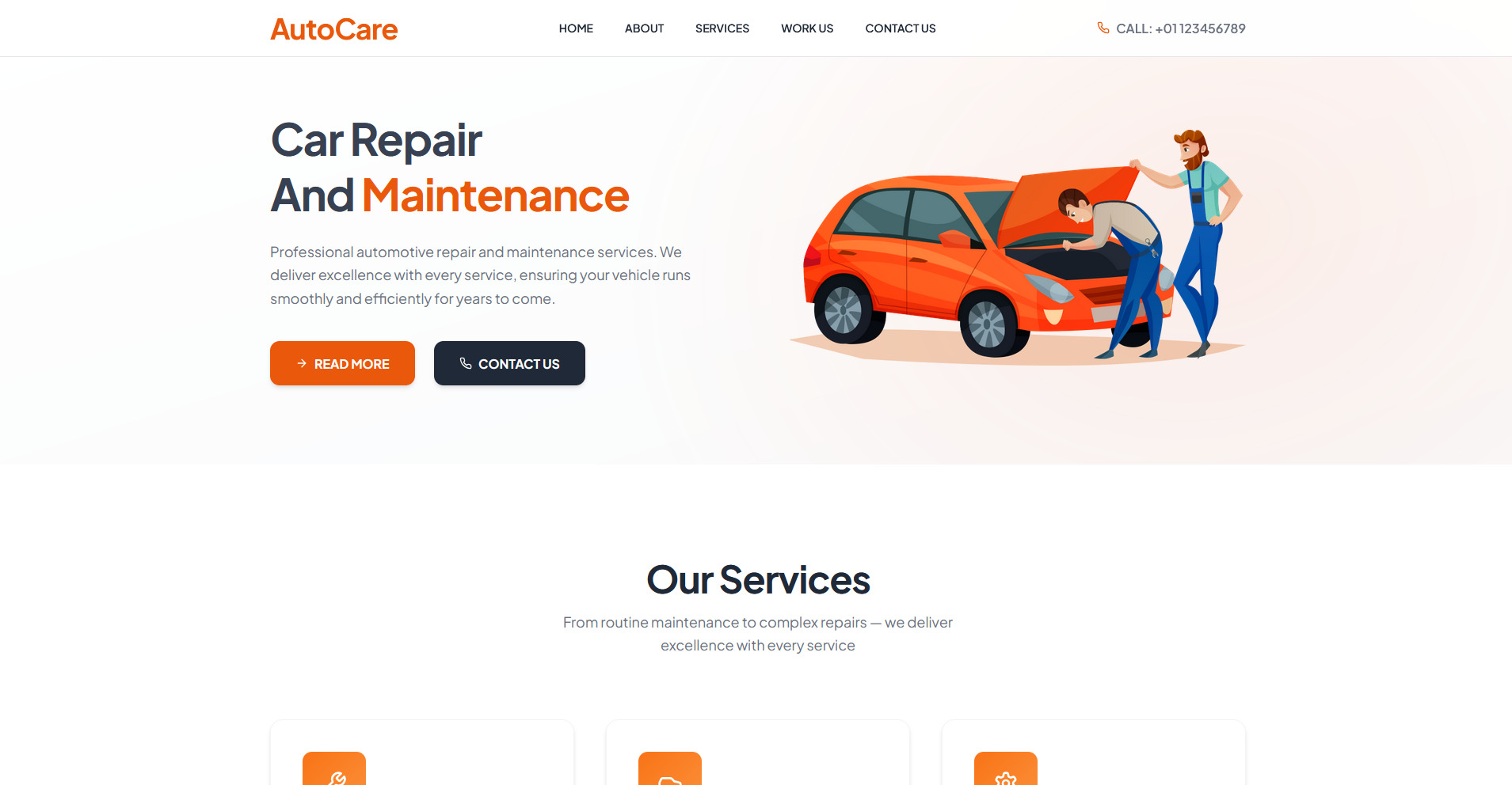 Strona internetowa z ilustracją naprawy samochodu. Pomarańczowe auto z otwartą maską, mechanik w kombinezonie i mężczyzna obok. Napis: Car Repair and Maintenance.