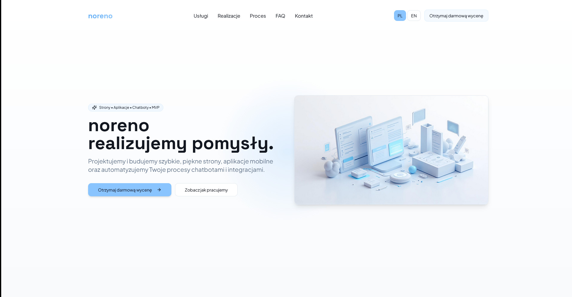 Nowoczesna strona internetowa z minimalistyczną grafiką 3D prezentującą interfejsy aplikacji i chatboty. Stonowana kolorystyka, akcent na funkcjonalność i innowacyjność.