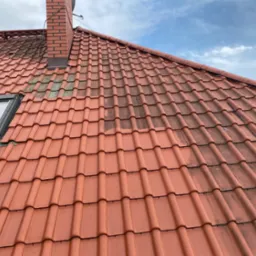 Częściowo wyczyszczony, czerwony dach z dachówki ceramicznej, widoczny komin z cegły i okno dachowe. Połowa dachu czysta, druga pokryta zabrudzeniami i mchem.