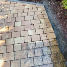 Częściowo umyta kostka brukowa w odcieniach beżu i brązu, widoczna różnica w czystości. Obok kostki ziemia z korą i fragment zieleni. Perspektywa z góry.