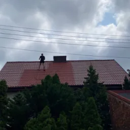 Mężczyzna na dachu z czerwonej dachówki, w trakcie malowania. Widoczne świeżo pomalowane fragmenty dachu i drabina oparta o dach. W tle pochmurne niebo i zieleń drzew.