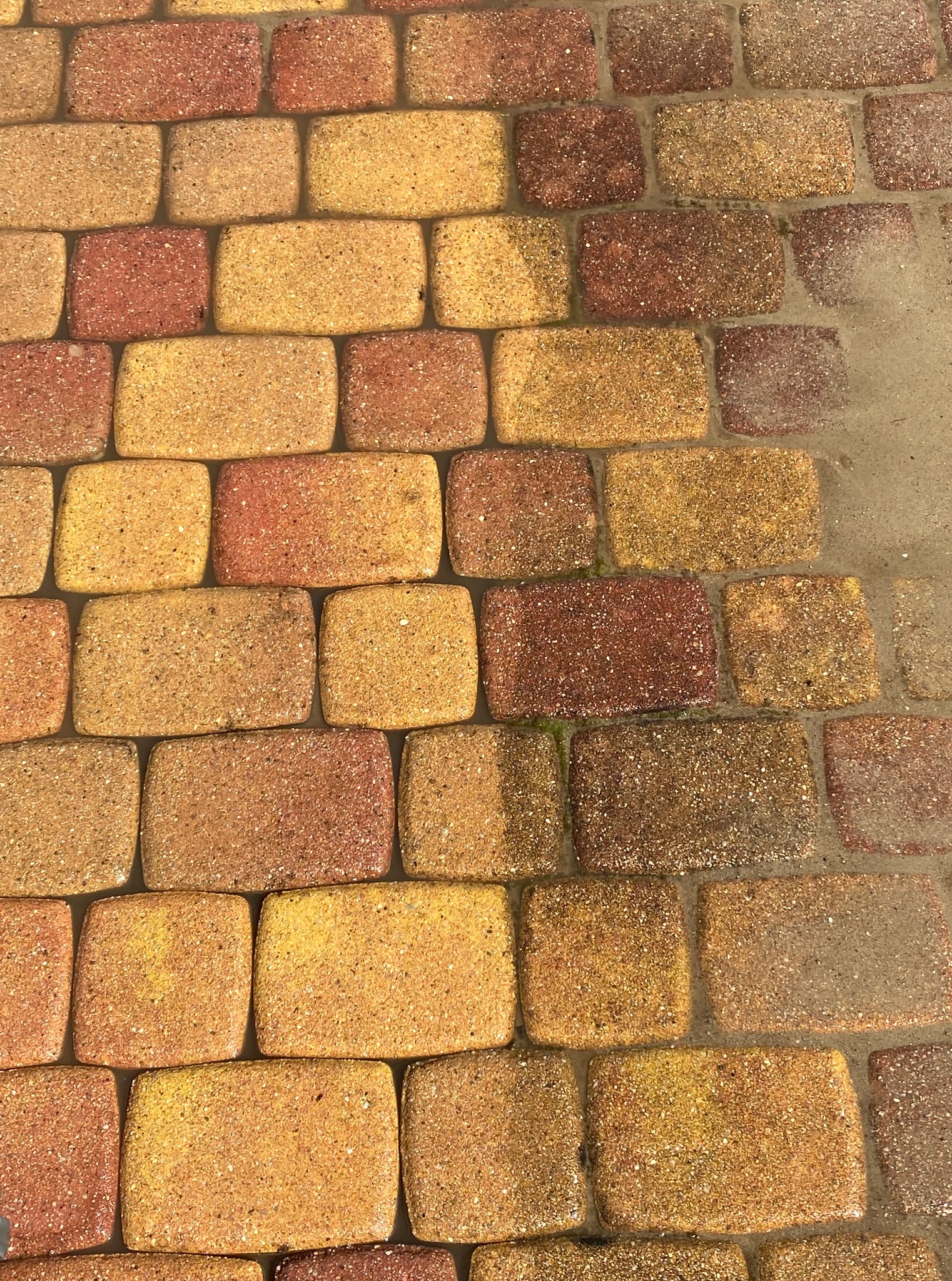 Kostka brukowa w odcieniach brązu i beżu, ułożona w regularny wzór. Widoczne ślady wilgoci i drobne porosty w fugach, sugerujące świeże mycie lub wilgotne otoczenie.