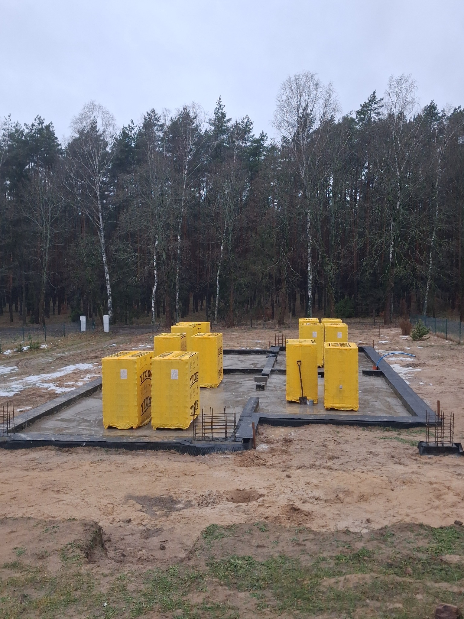 Wylana płyta fundamentowa z wystającymi prętami zbrojeniowymi, na której ustawione są żółte bloczki Ytong. W tle las i pochmurne niebo.