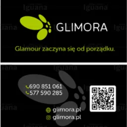 Wizytówka firmy sprzątającej: logo z zielonym motywem, hasło 'Glamour zaczyna się od porządku', dane kontaktowe i kod QR na czarnym tle.