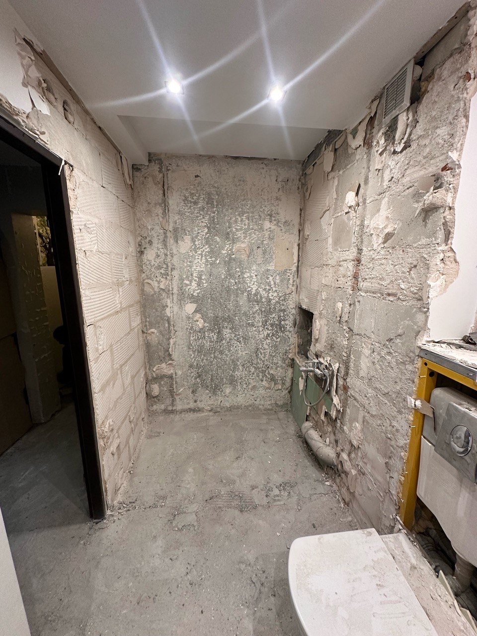 Zdjęcie wnętrza łazienki w trakcie demontażu: odsłonięte cegły, resztki płytek, instalacja wodna. Widoczne elementy armatury i fragment toalety.