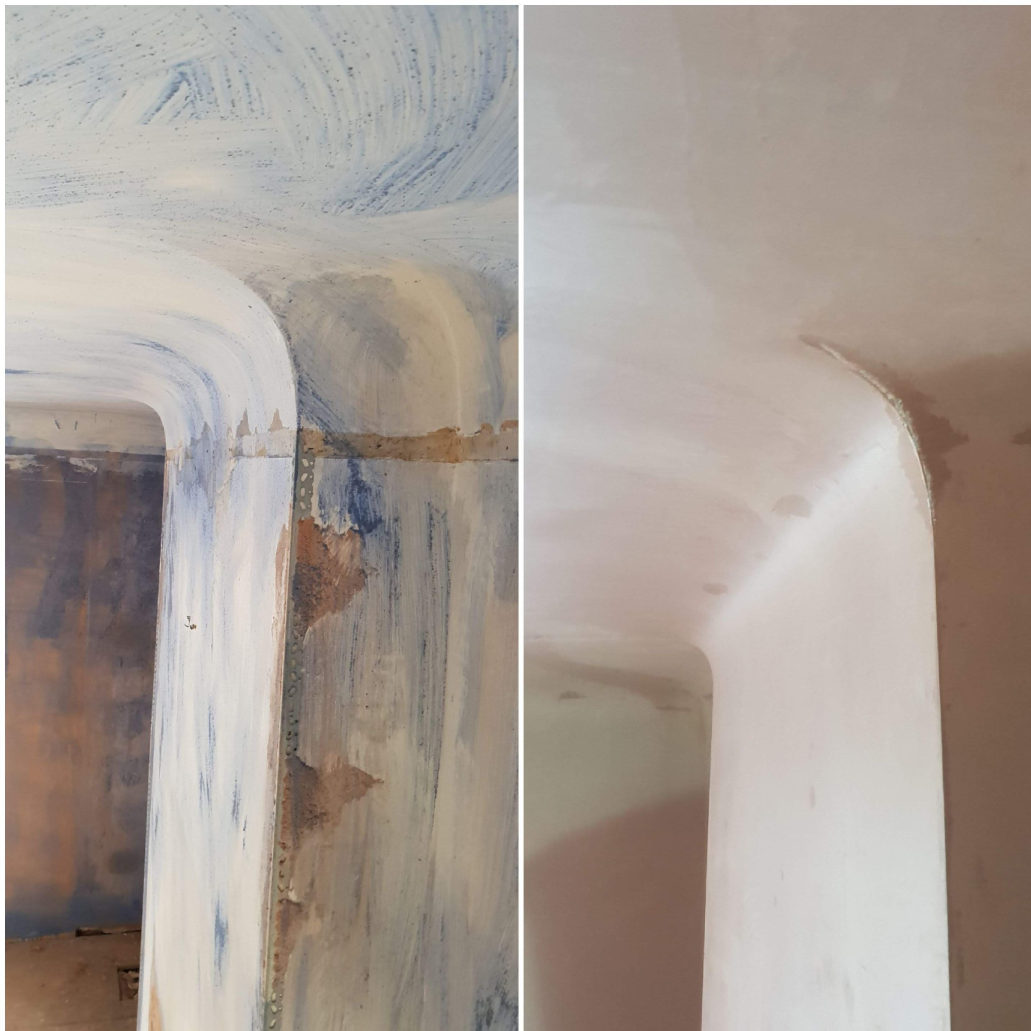 Zdjęcie typu 'przed i po' prezentujące fragment ściany z zaokrąglonym narożnikiem w trakcie prac wykończeniowych; po lewej ściana przed, po prawej po szpachlowaniu.