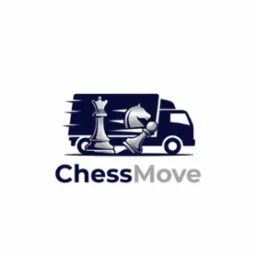 Grafika wektorowa: ciemny bus z szachowymi figurami (królowa, pionek, koń) w stylu logo 'ChessMove'. Dynamiczne linie sugerują ruch.