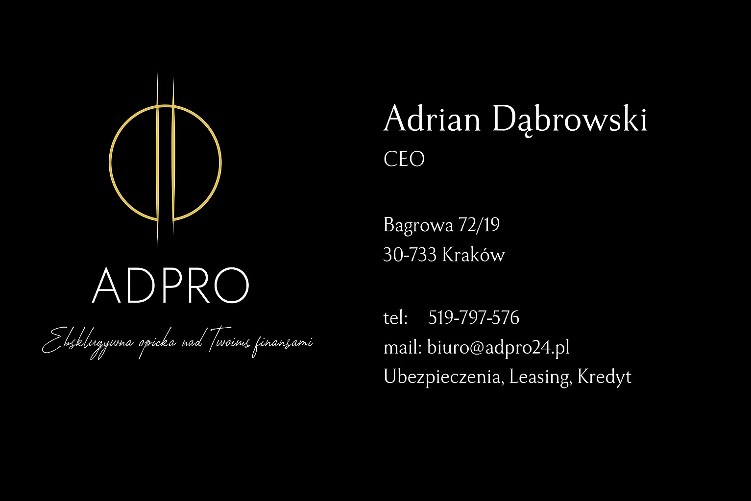 Wizytówka firmy ADPRO z Krakowa, oferującej ubezpieczenia, leasing i kredyty. Minimalistyczny design z logo i danymi kontaktowymi CEO Adriana Dąbrowskiego.