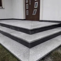 Granitowe schody wejściowe z czarnymi podstopnicami prowadzą do domu. Widoczna część drzwi wejściowych z oryginalnymi przeszkleniami.