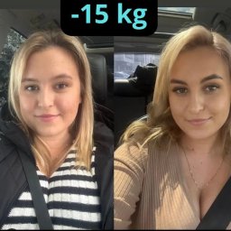 Tomasz Kapłun - Zdjęcie 'przed i po' przedstawia metamorfozę kobiety z widoczną utratą wagi (-15kg), siedzącej w samochodzie. Zmiana sylwetki i rysów twarzy.