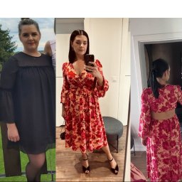 Tomasz Kapłun - Kobieta prezentuje metamorfozę sylwetki na kolażu zdjęć 'przed i po' w różnych kwiecistych sukienkach, demonstrując efekty diety i ćwiczeń.