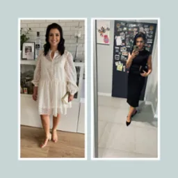 Kolaż: kobieta prezentuje metamorfozę sylwetki w dwóch różnych stylizacjach - zwiewna sukienka i elegancka czarna kreacja, podkreślona makijażem i dodatkami.