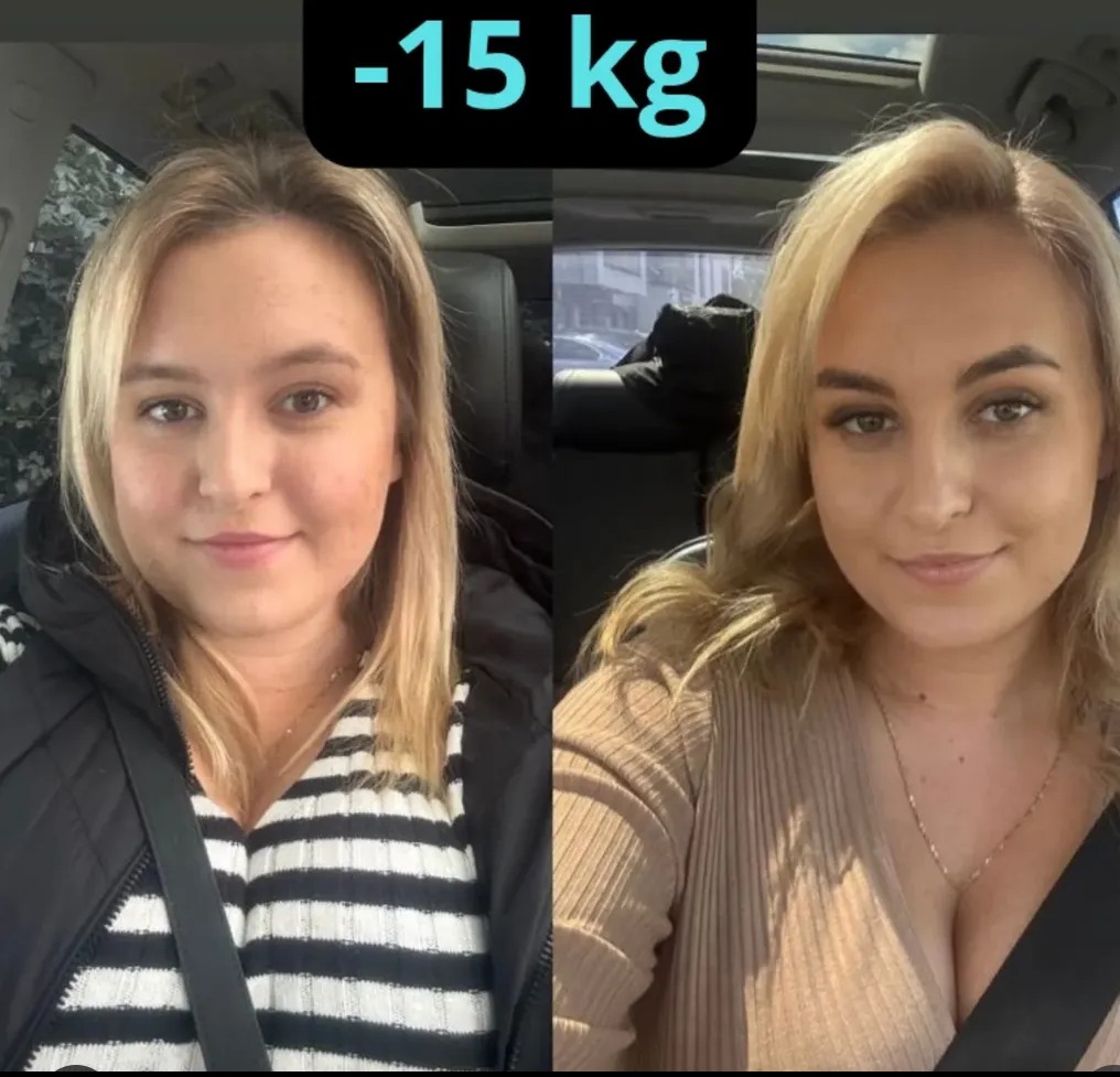 Zdjęcie 'przed i po' przedstawia metamorfozę kobiety z widoczną utratą wagi (-15kg), siedzącej w samochodzie. Zmiana sylwetki i rysów twarzy.