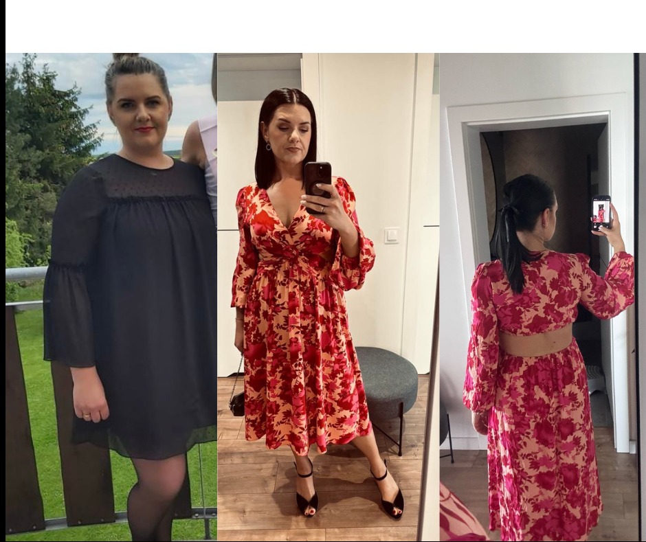 Kobieta prezentuje metamorfozę sylwetki na kolażu zdjęć 'przed i po' w różnych kwiecistych sukienkach, demonstrując efekty diety i ćwiczeń.