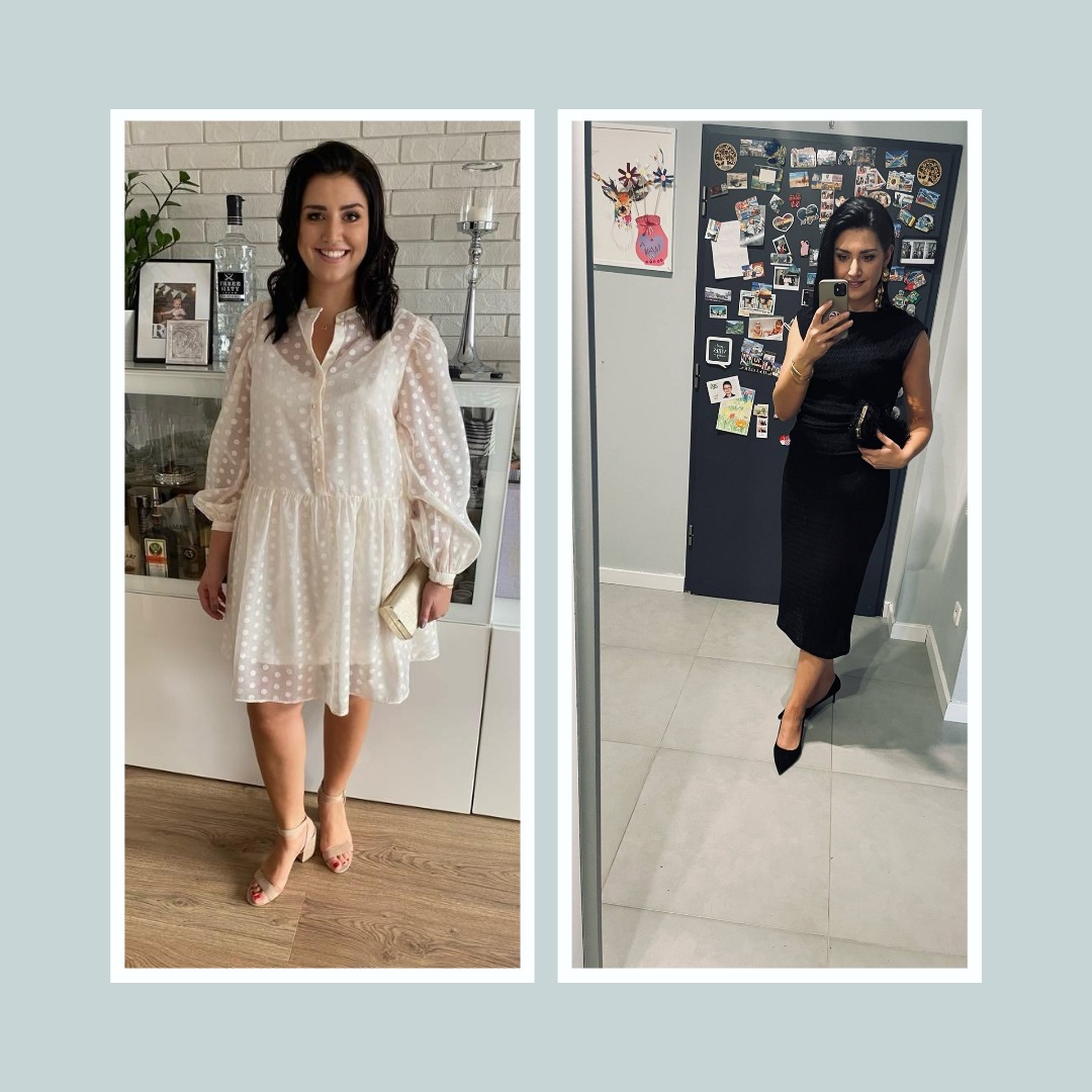 Kolaż: kobieta prezentuje metamorfozę sylwetki w dwóch różnych stylizacjach - zwiewna sukienka i elegancka czarna kreacja, podkreślona makijażem i dodatkami.