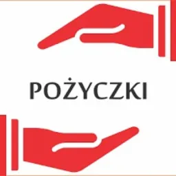 Stylizowany, czerwony symbol dłoni podtrzymujących słowo 'POŻYCZKI' na białym tle, w brązowej ramce. Grafika promująca usługi finansowe.