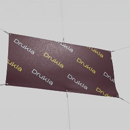 DRUKARNIA BARTOSZ DĄBROWSKI - Brązowy baner reklamowy z powtarzającym się napisem 'Drukla' w kolorze żółtym i białym, zawieszony na linkach w jasnym pomieszczeniu.