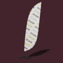 Wysoki, łukowaty baner reklamowy typu windflag z powtarzającym się nadrukiem nazwy firmy 'Drukla' w różnych kolorach na białym tle, ustawiony na czarnej podstawie.