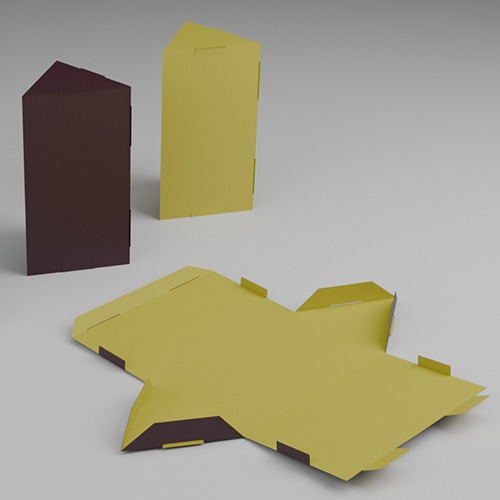 Rozłożone i złożone, kolorowe pudełka z tektury, widoczne nacięcia i zakładki, na szarym tle, prezentacja procesu składania opakowania.