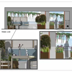 Szkic aranżacji balkonu z roślinami w donicach, meblami i widokiem na zewnątrz. Projekt w skali 1:50 prezentuje zagospodarowanie przestrzeni z uwzględnieniem zieleni.