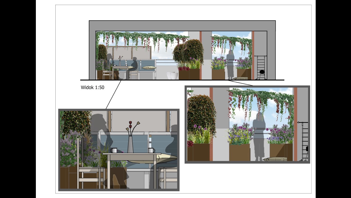 Szkic aranżacji balkonu z roślinami w donicach, meblami i widokiem na zewnątrz. Projekt w skali 1:50 prezentuje zagospodarowanie przestrzeni z uwzględnieniem zieleni.