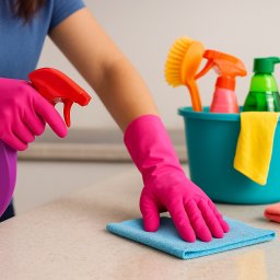 Kompleksowe sprzątanie - Osoba w różowych rękawicach czyści blat niebieską ściereczką. Wiadro z środkami czystości i szczotką w tle. Czysty blat z delikatną fakturą.