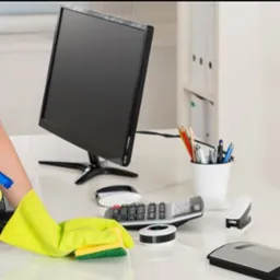 Pracownik w uniformie, w żółtych rękawicach, czyści biurko z monitorem, telefonem i lampką, używając sprayu i gąbki. Widok z bliska, jasne oświetlenie.