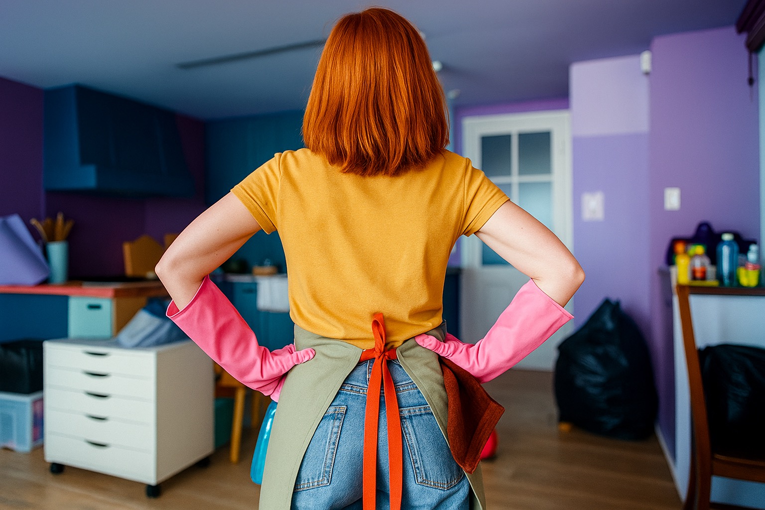 Kobieta w różowych rękawicach i fartuchu, z widocznymi butelkami środków czystości, stoi tyłem w kolorowym wnętrzu. Widok na kuchnię i przedmioty gospodarstwa domowego.