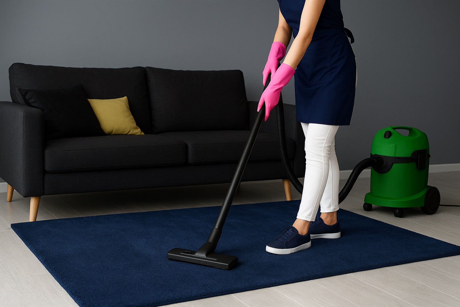 Osoba w różowych rękawicach odkurza granatowy dywan, obok zielony odkurzacz i grafitowa sofa z poduszkami. Jasne panele podłogowe i szara ściana w tle.