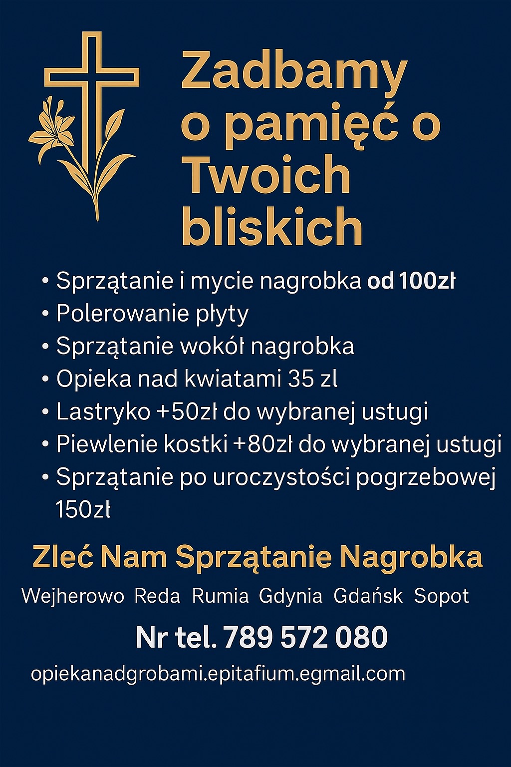 Grafika reklamowa usług opieki nad grobami: sprzątanie, mycie, polerowanie. Złoty krzyż z lilią na granatowym tle, lista usług z cennikiem, kontakt. Wejherowo, Reda, Rumia, Gdynia, Gdańsk, Sopot.