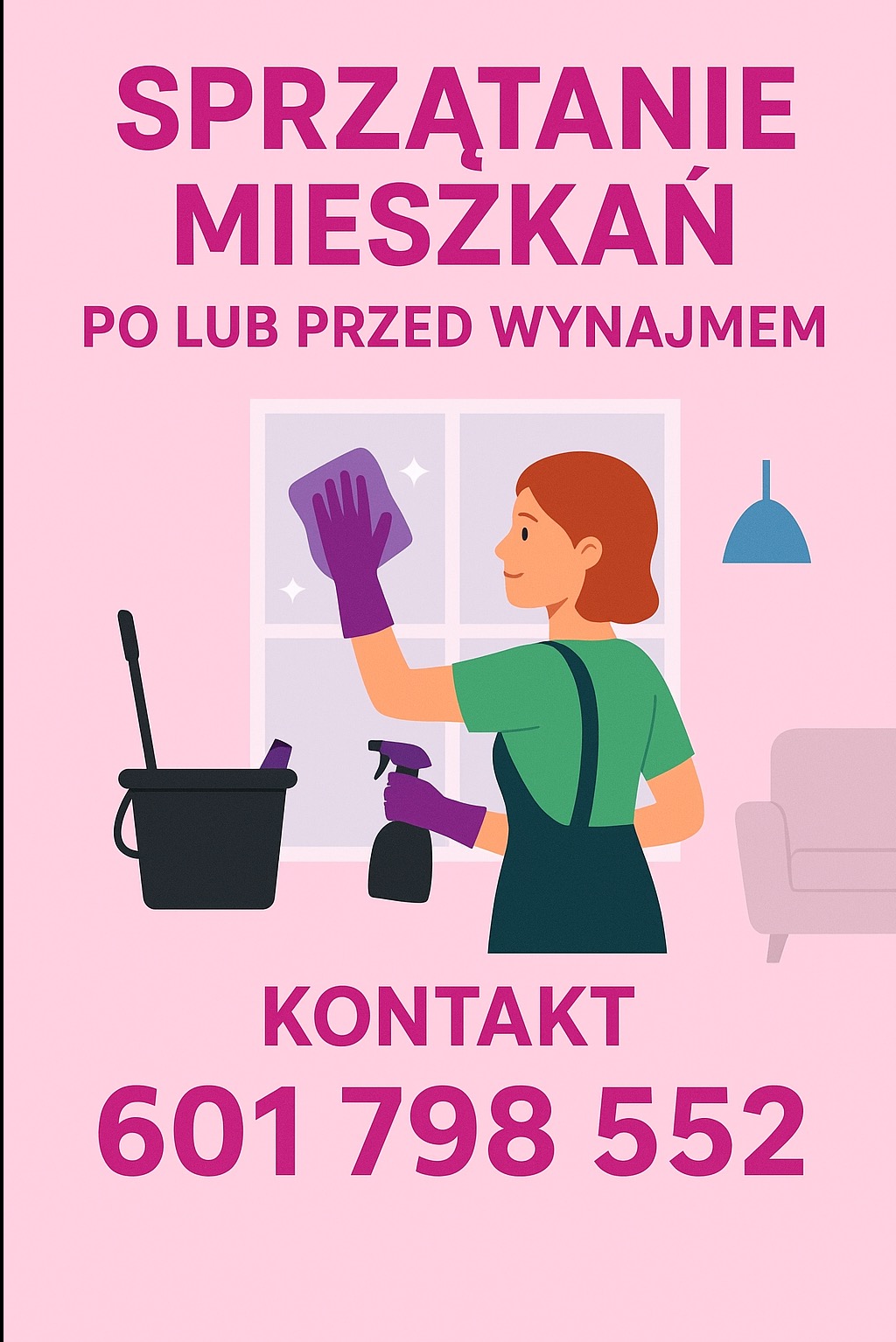 Ilustracja: Kobieta w rękawicach czyści okno, obok wiadro i spryskiwacz. U góry napis 'Sprzątanie mieszkań po lub przed wynajmem', na dole numer telefonu.