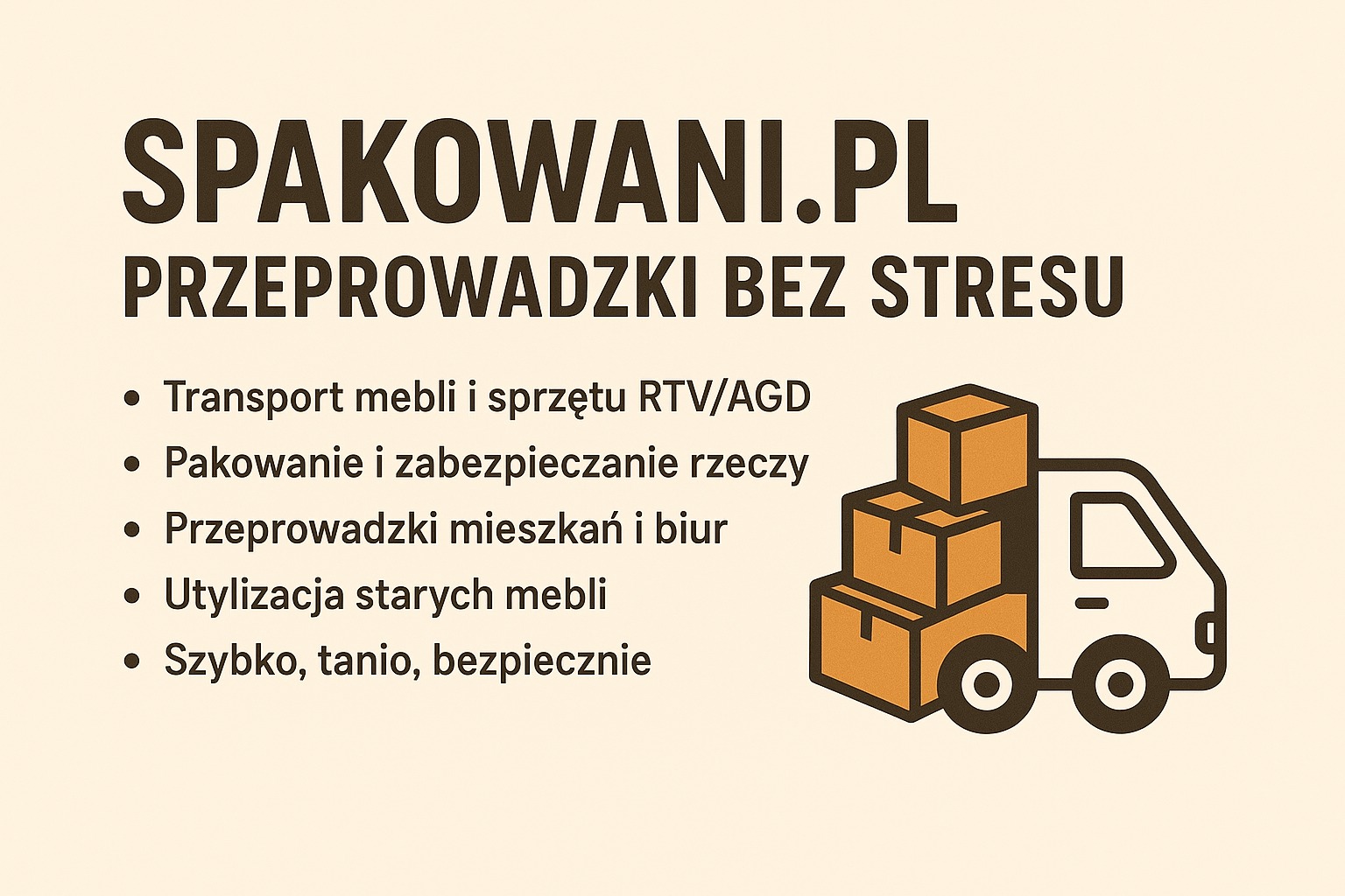 Ilustracja: logo firmy Spakowani.pl oferującej przeprowadzki bez stresu, z ikoną samochodu dostawczego wypełnionego kartonami i listą usług.