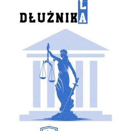 Piotr Zalewski - Okładka poradnika 'Poradnik dla Dłużnika' w niebieskiej kolorystyce, z sylwetką Temidy na tle budynku, logo 'Pogromcy Komorników' i numerem strony.