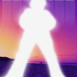 Piotr Zalewski - Abstrakcyjny plakat z sylwetką postaci i napisem 'STARBOY' na tle zachodzącego słońca nad morzem w odcieniach fioletu i pomarańczy. Styl retro, ziarnisty efekt.