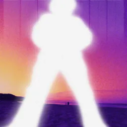 Abstrakcyjny plakat z sylwetką postaci i napisem 'STARBOY' na tle zachodzącego słońca nad morzem w odcieniach fioletu i pomarańczy. Styl retro, ziarnisty efekt.