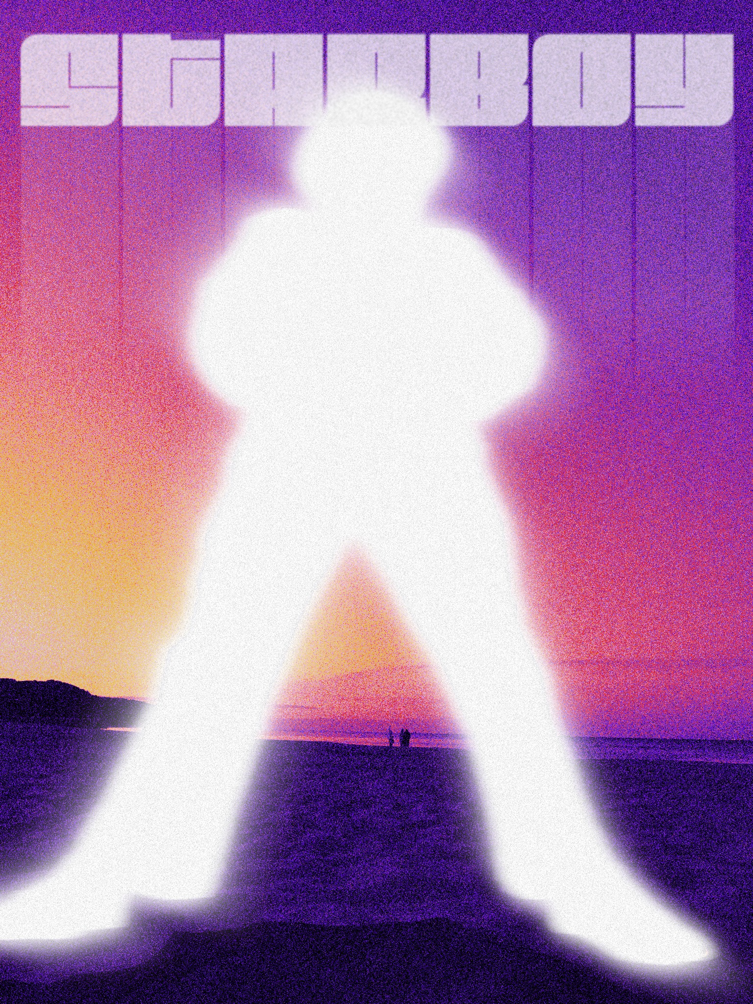 Abstrakcyjny plakat z sylwetką postaci i napisem 'STARBOY' na tle zachodzącego słońca nad morzem w odcieniach fioletu i pomarańczy. Styl retro, ziarnisty efekt.