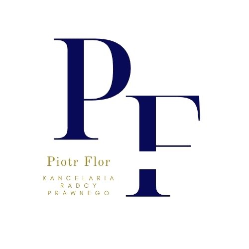 Eleganckie logo kancelarii radcy prawnego Piotra Flor z granatowymi inicjałami 'PF' i złotym napisem 'Kancelaria Radcy Prawnego'. Minimalistyczny design na białym tle.