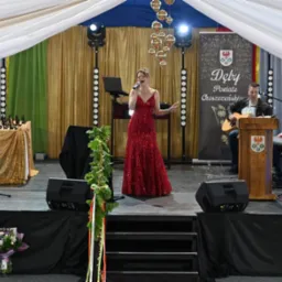 Wokalistka w czerwonej sukni śpiewa na scenie podczas gali, akompaniują jej gitarzysta i klawiszowiec. Scena udekorowana jest kwiatami i oświetleniem.